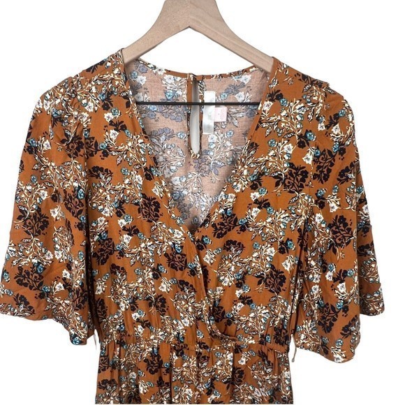 Band Of Gypsies Womens Brown Floral V Neck Short Futter Sleeve Jumpsuit Small - Picture 3 of 8